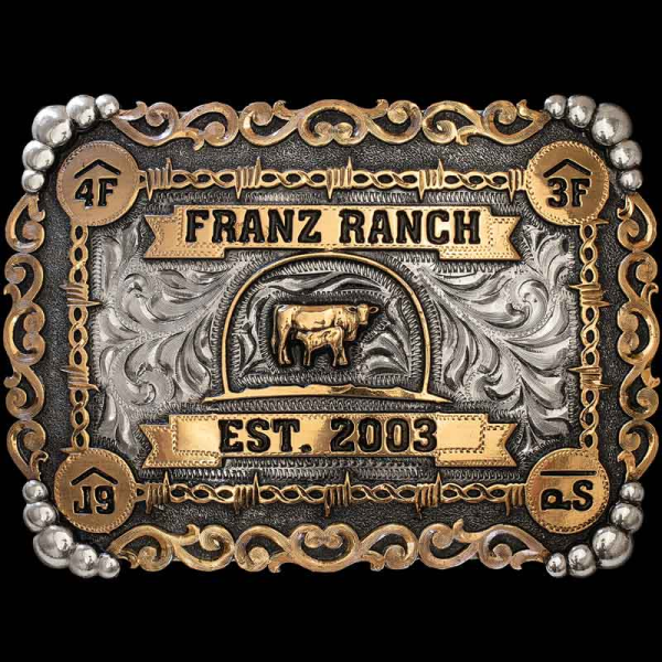 The best way to show off your ranch brand is to customize it on a buckle! The Ritzville custom Belt Buckle is crafted on a German Silver base with our signature antique finish. Detailed with beautiful Jewelers Bronze elements such as a barbed wire inner e